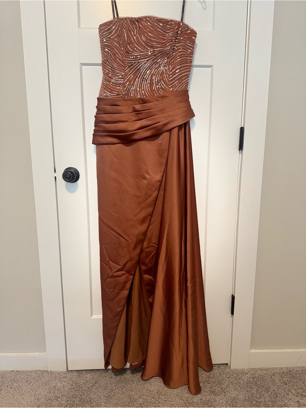Theia Elegant Copper Strapless Beaded Evening Gown